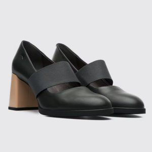 Camper Kara Grey Black Formal shoes with patent beige block heel round toe NEW
